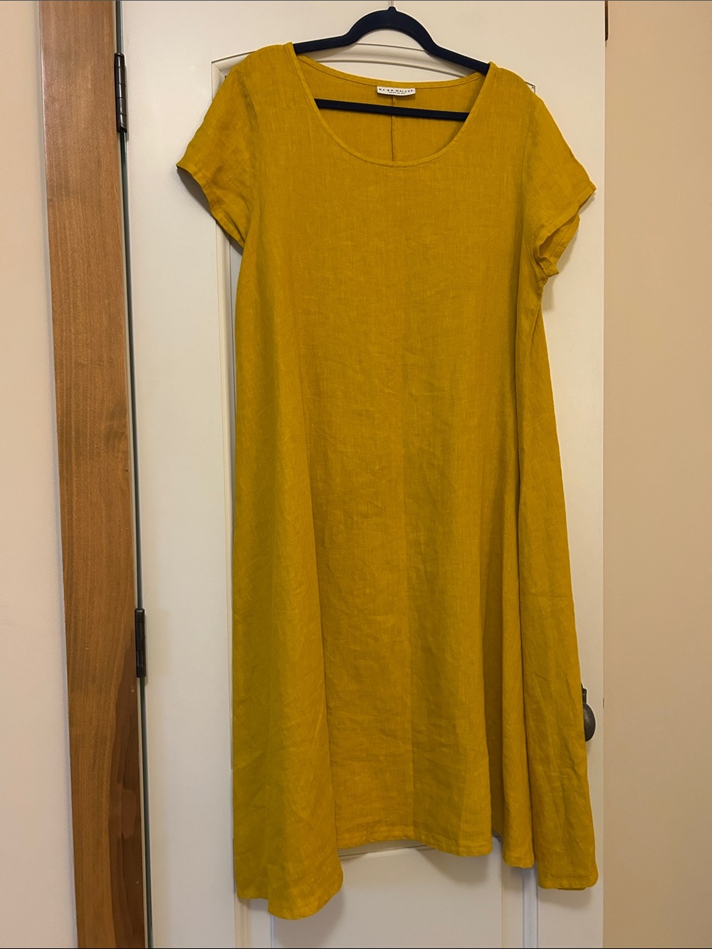 bryn Walker Mustard Yellow Scoop Neck Linen Midi Dress